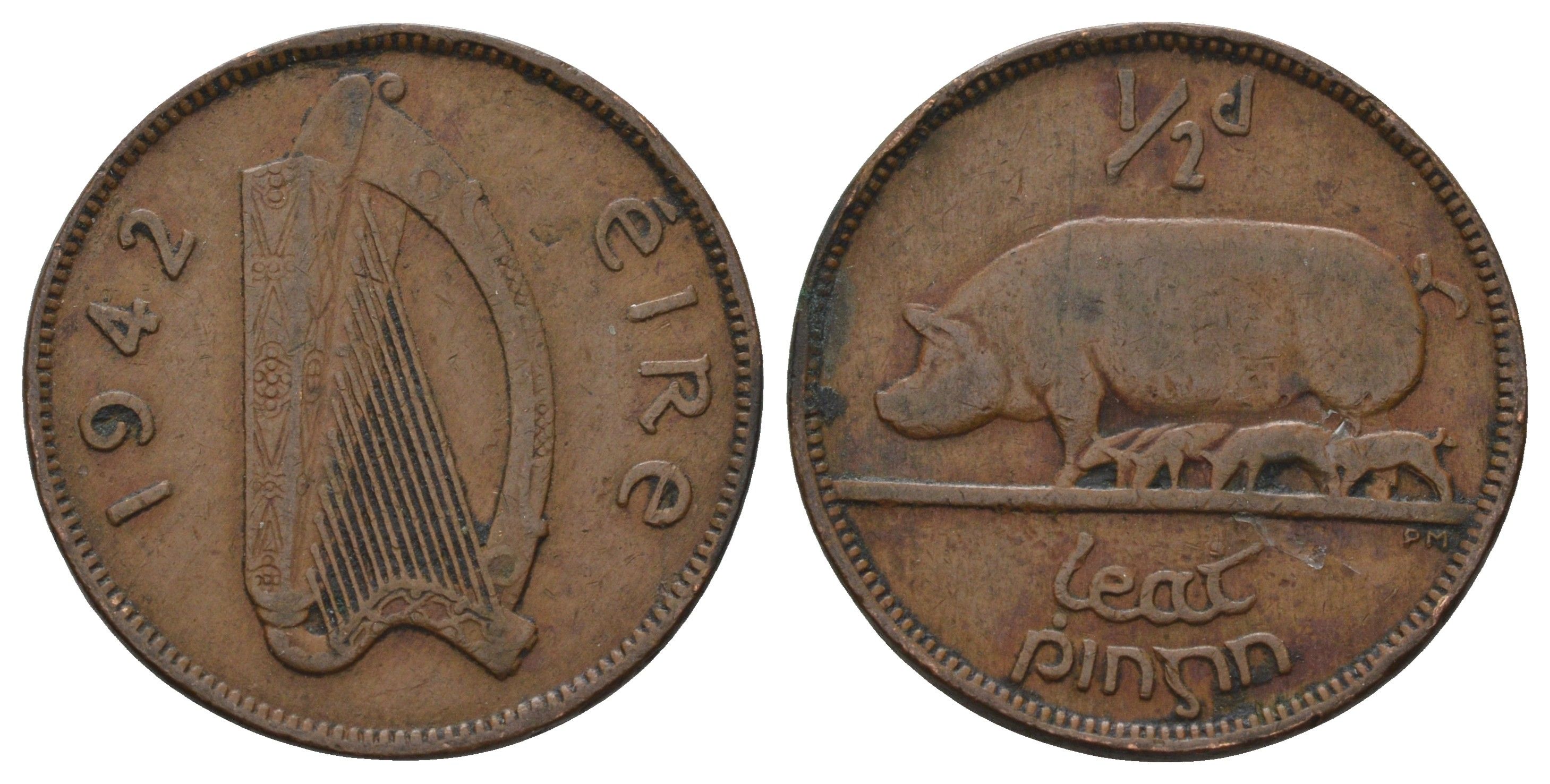 Ирландия 1/2 пенни 1942 свинья с поросятами KM 10 бронза 4666-752