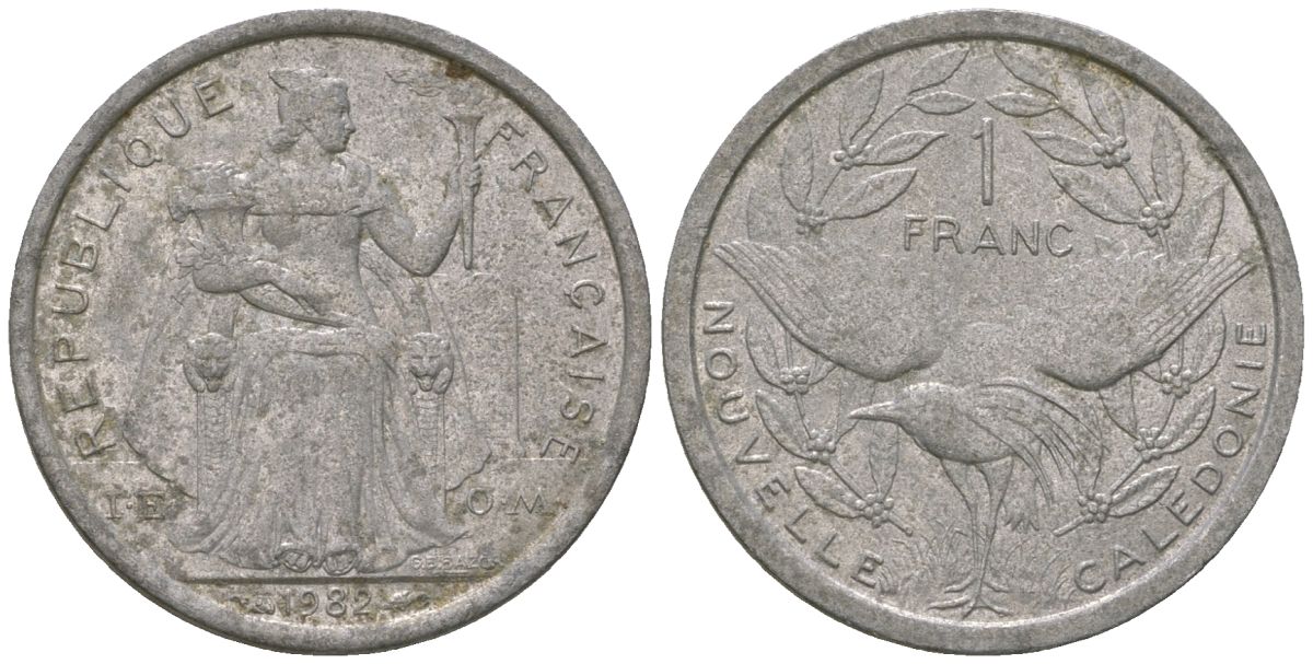 Французская Новая Каледония 1 франк 1982 птица кагу, (IEOM) KM 10, Schoen 10, Lec 45 алюминий    51-2152