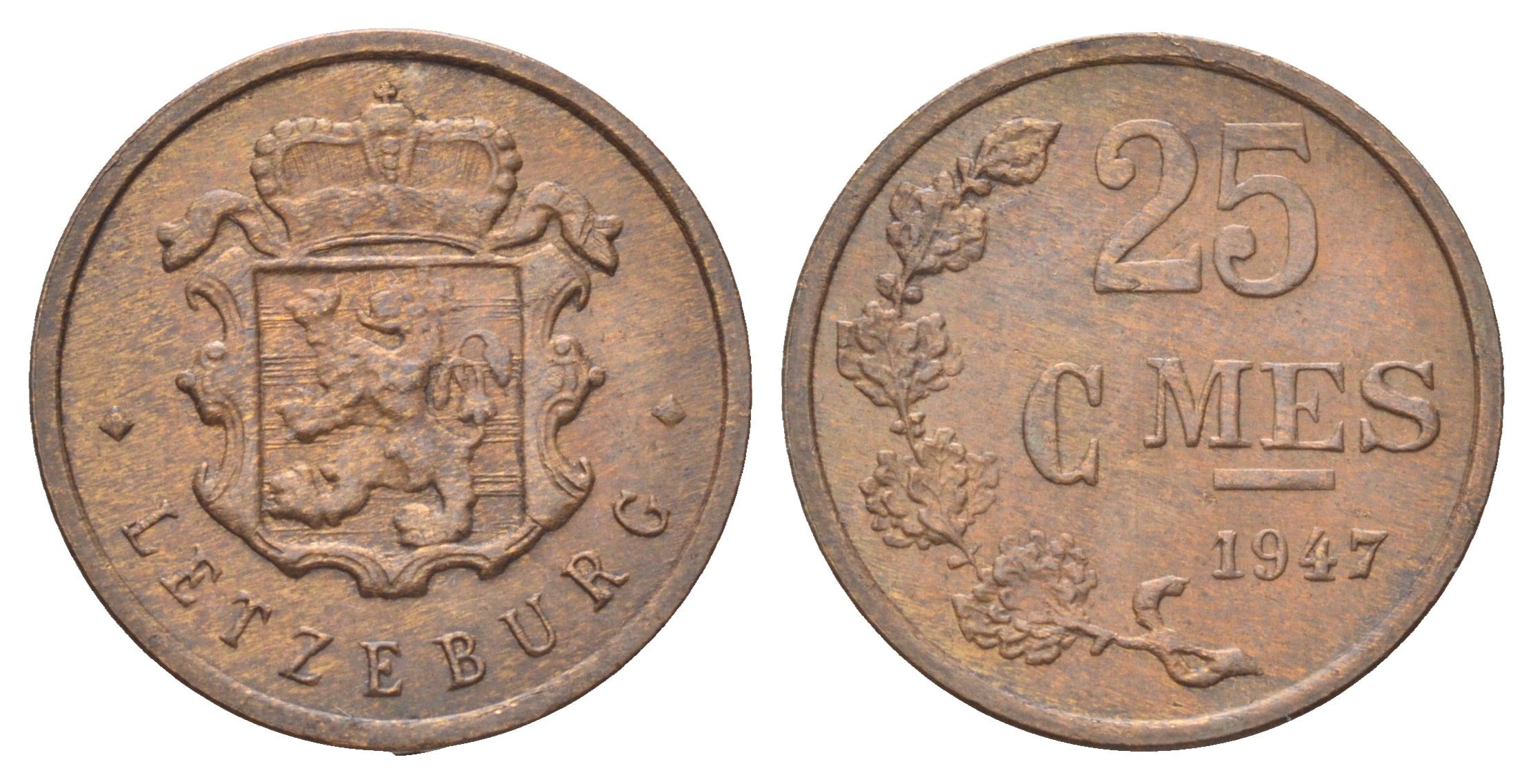 Люксембург 25 сантимов 1947 Шарлотта (1918-1964) KM 45 бронза 4668-1129