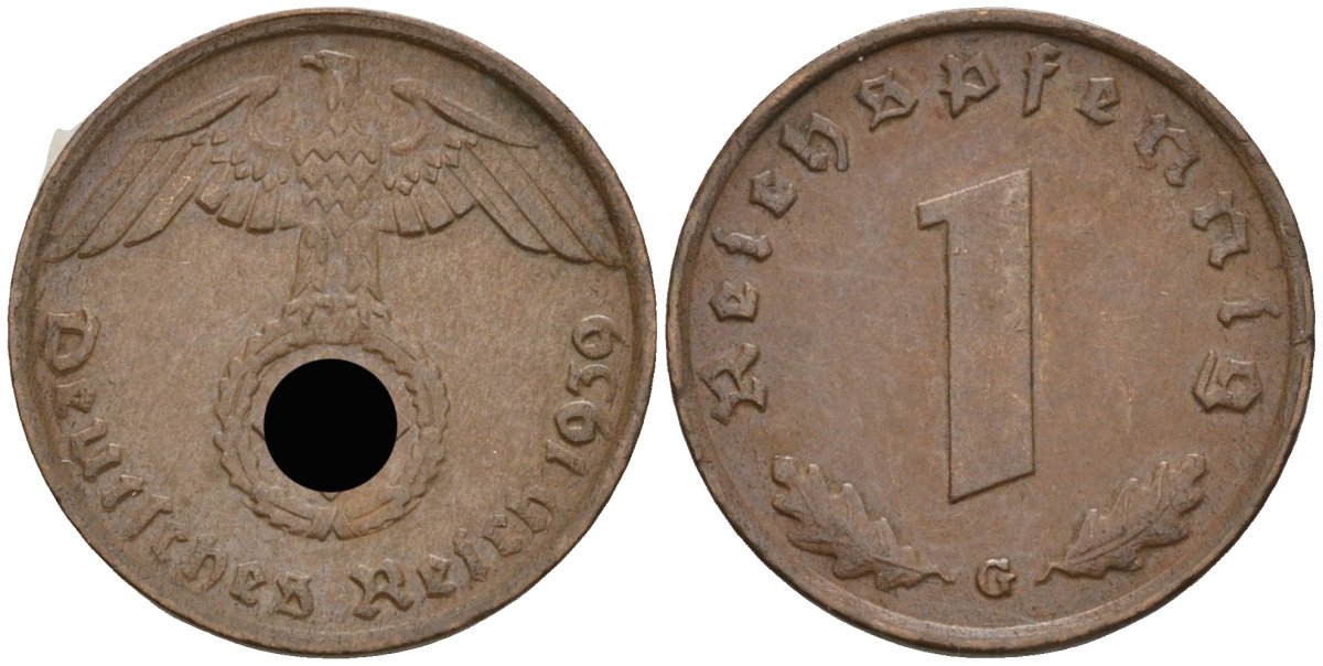 Германия 1 рейхспфенниг 1939 G KM 89, J 361 бронза 4136-1236