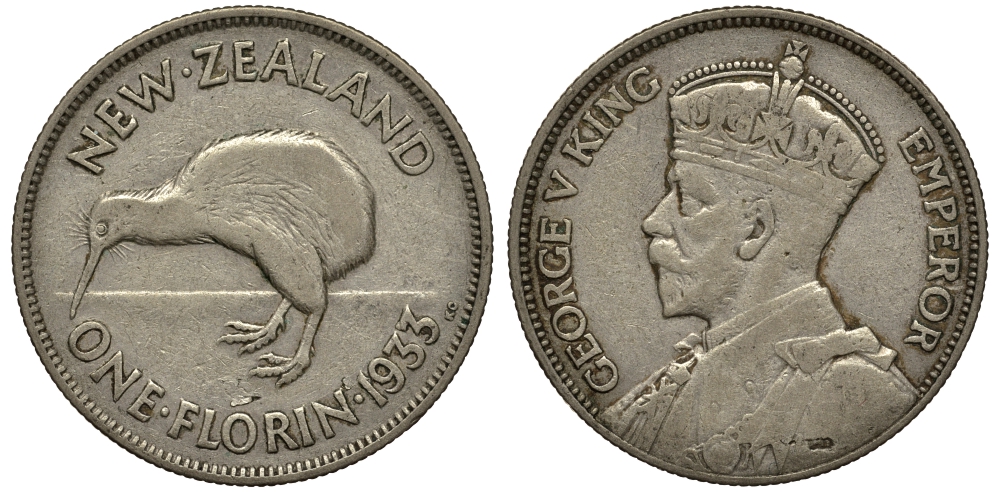Новая Зеландия 1 флорин 1933 Георг V (1910-1936), птичка киви KM 4 серебро 272-1221