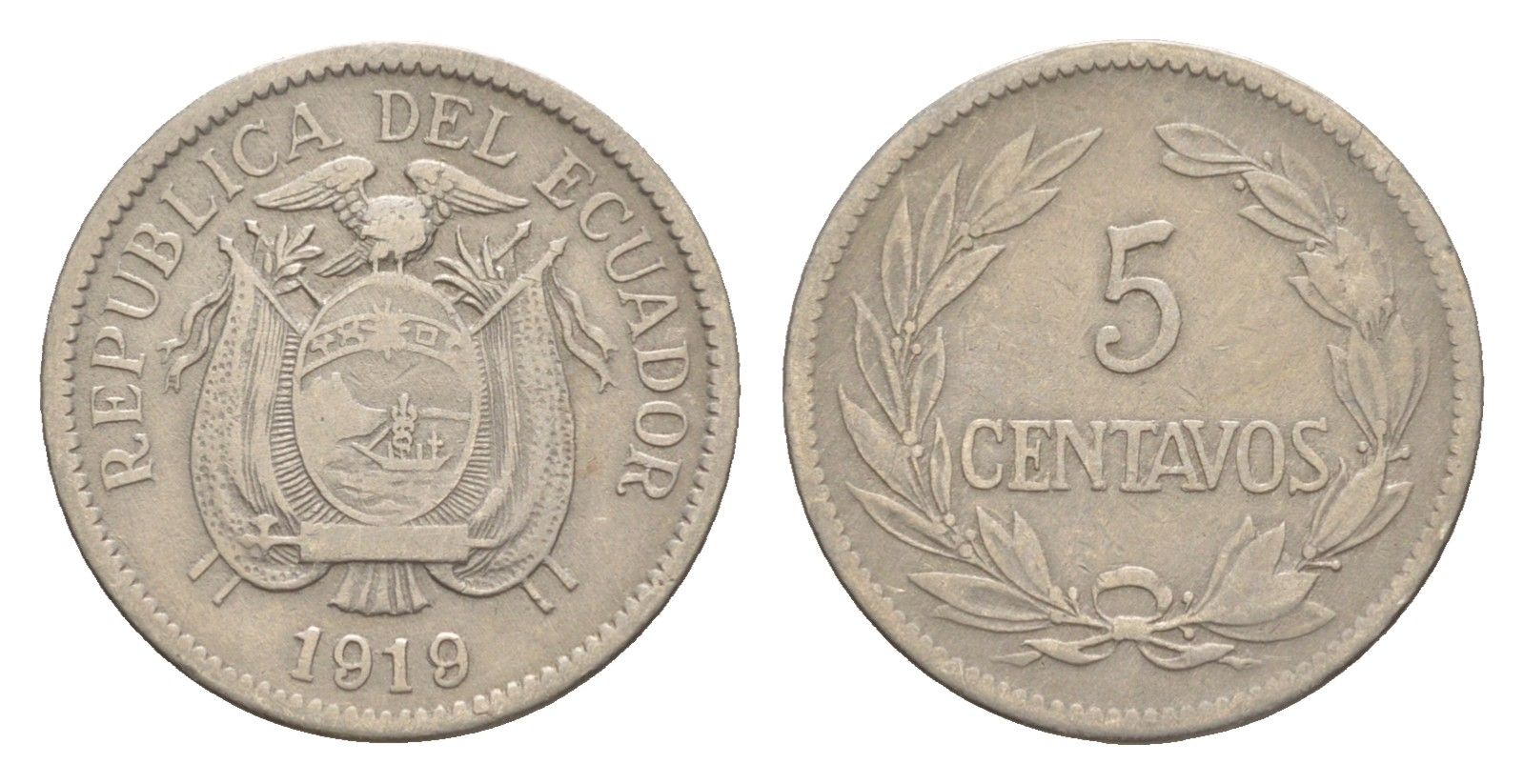 Эквадор 5 сентаво 1919 KM 63 медно-никель 4640-1069