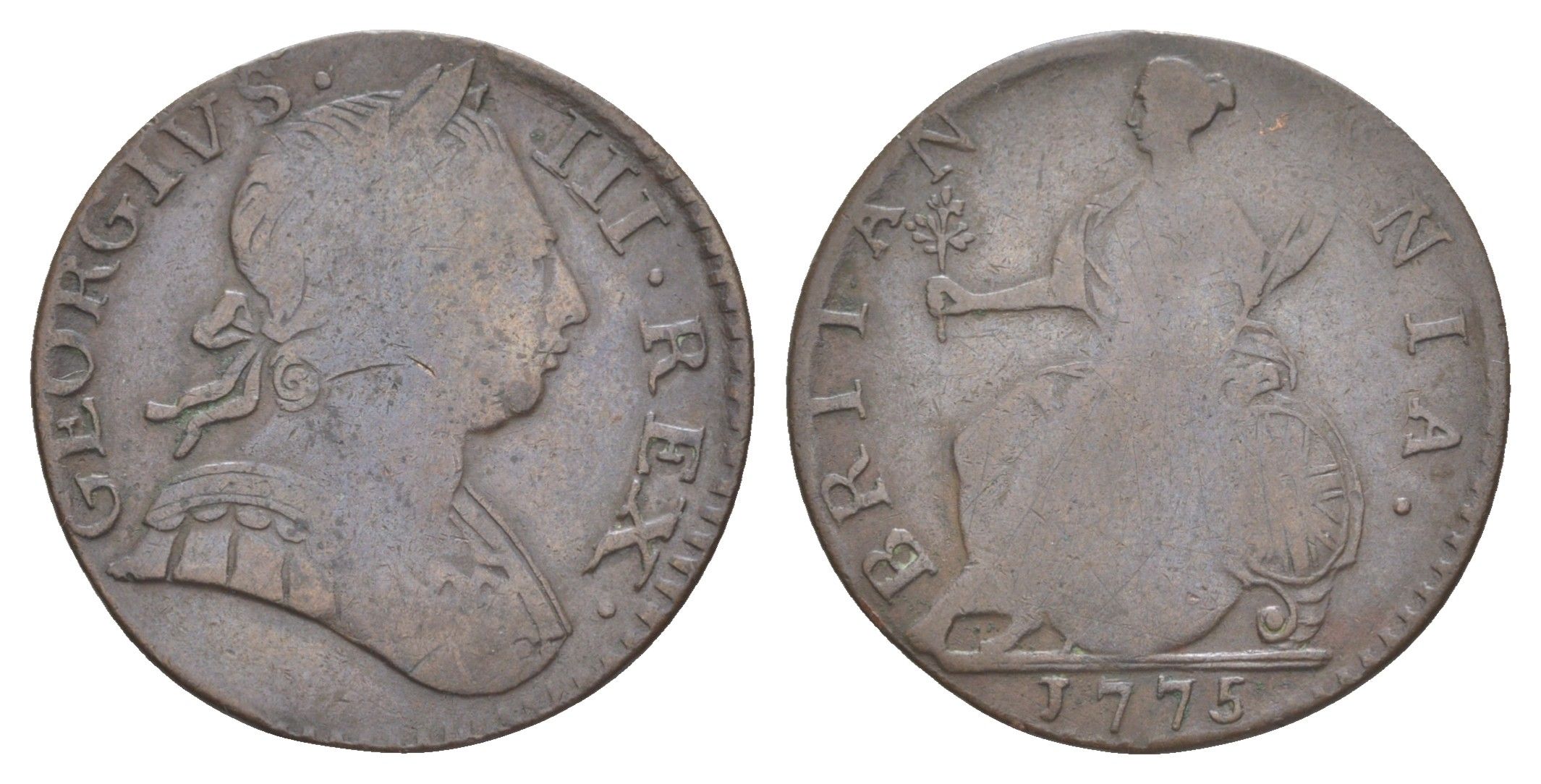 Великобритания 1 фартинг 1775 Георг II (1727-1760) KM 602, Spink 3775 медь 1526-423