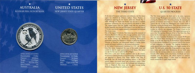 Австралия 1 доллар 1999 (серебро) с памятной маркировкой и США 25 центов 1999 штат Нью-Джерси в красочном буклете 4-5-1-1