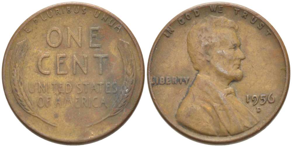 США 1 ЦЕНТ 1956 D, ЛИНКОЛЬН KM А132 медь цинк 218-265