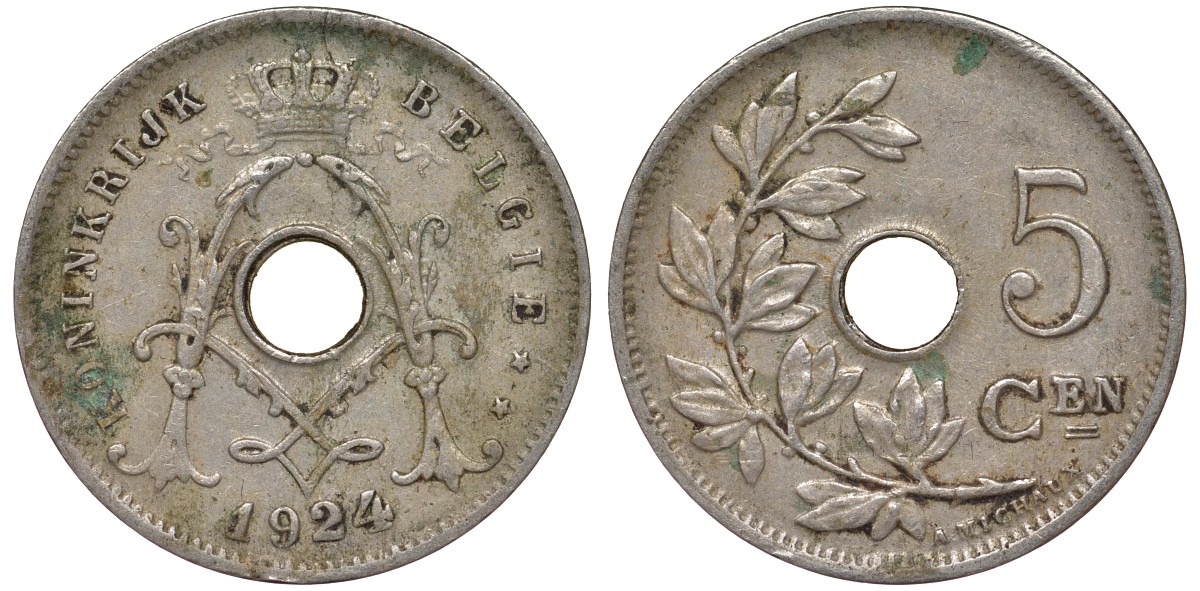 Бельгия 5 сантимов 1924 Belgie KM 67 медно-никель 4164-267