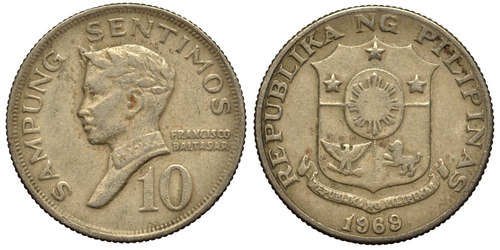 ФИЛИППИНЫ 10 СЕНТИМО 1969 ПОЭТ ФРАНСИСКО БАЛЬТАСАР KM 198 медь цинк никель VG 4181-249