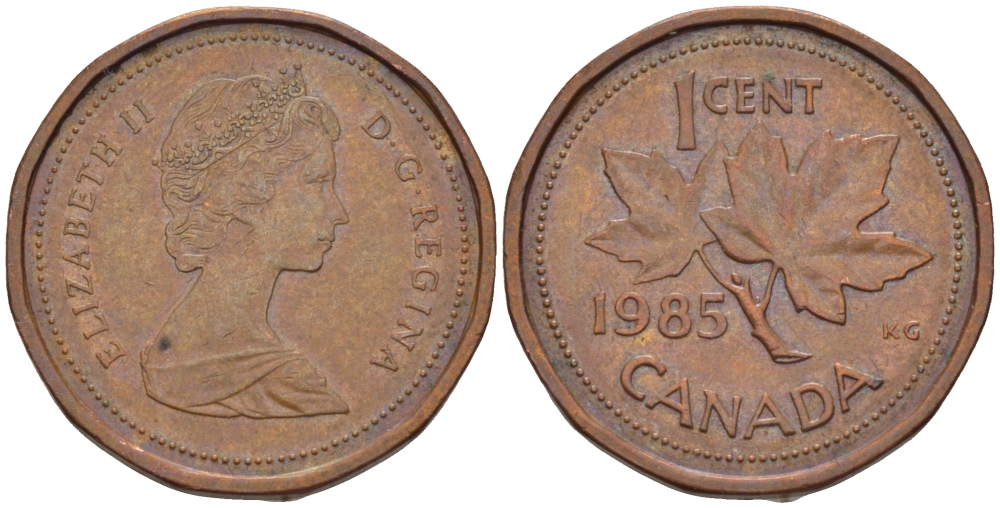 Канада 1 цент 1985 Елизавета II (1952-2022), кленовый лист KM 132 бронза 54-967