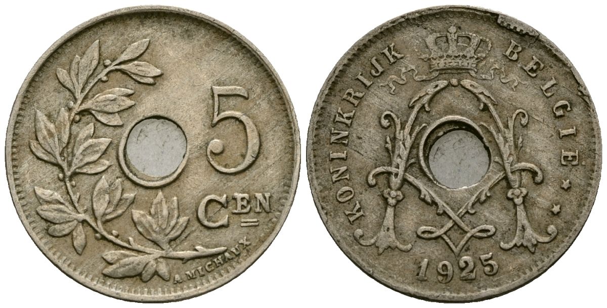 Бельгия 5 сантимов 1925 Belgie KM 67 медно-никель 4173-265