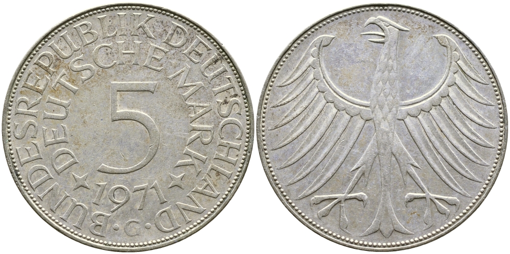 ФРГ 5 марок 1971 G, KM 112.1, J. 387 серебро 4680-134
