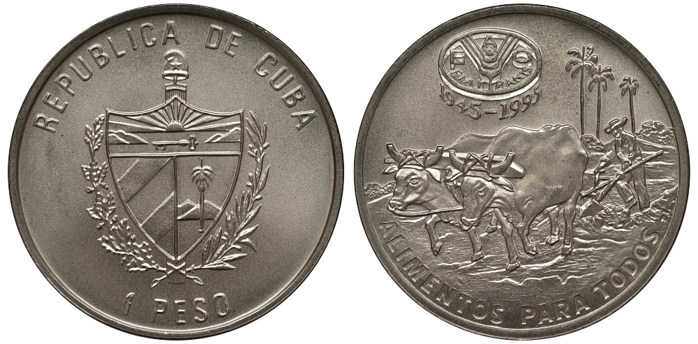 Куба 1 песо 1995 50 лет продовольственной программе FAO, буйволы KM 607 медно-никель UNC M23-21