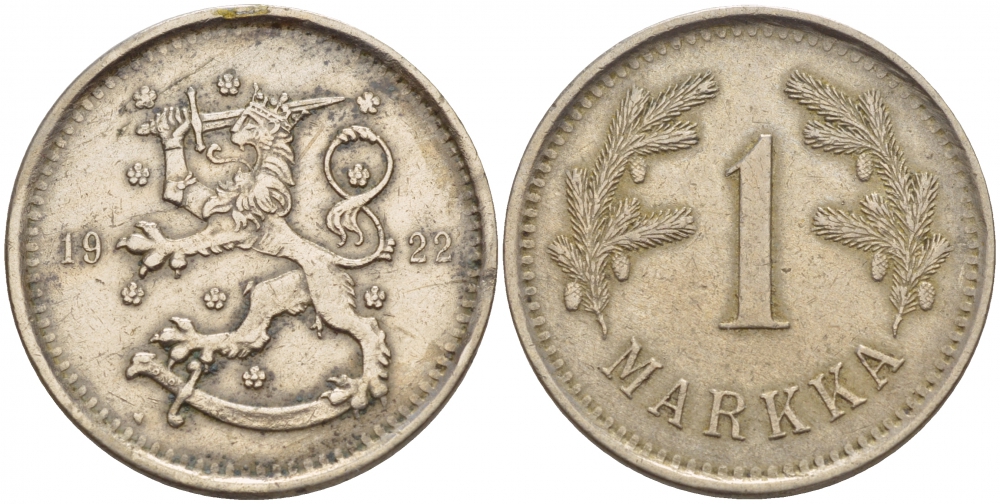 ФИНЛЯНДИЯ 1 МАРКА 1922 KM 27 медно-никель 4548-311