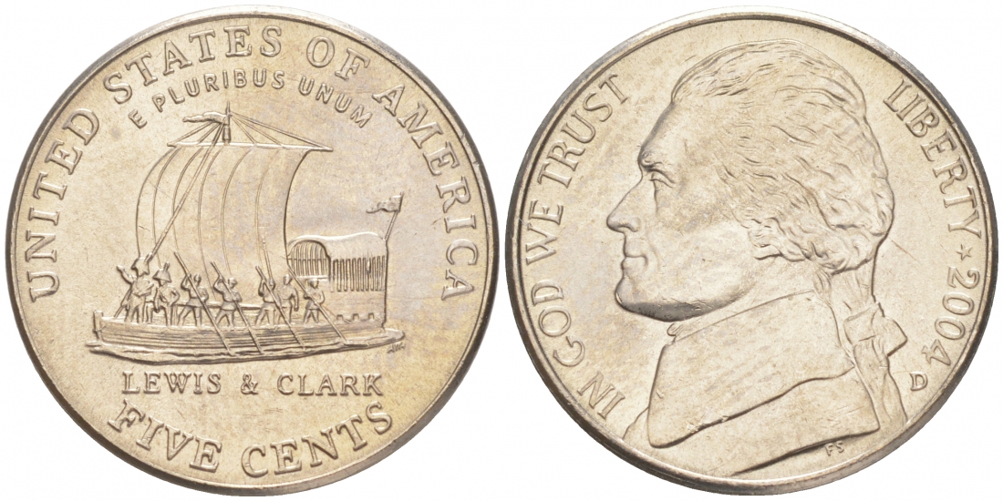 США 5 центов 2004 D, серия 200 лет экспедиции Льюиса и Кларка, лодка KM 361 медно-никель UNC M32-12
