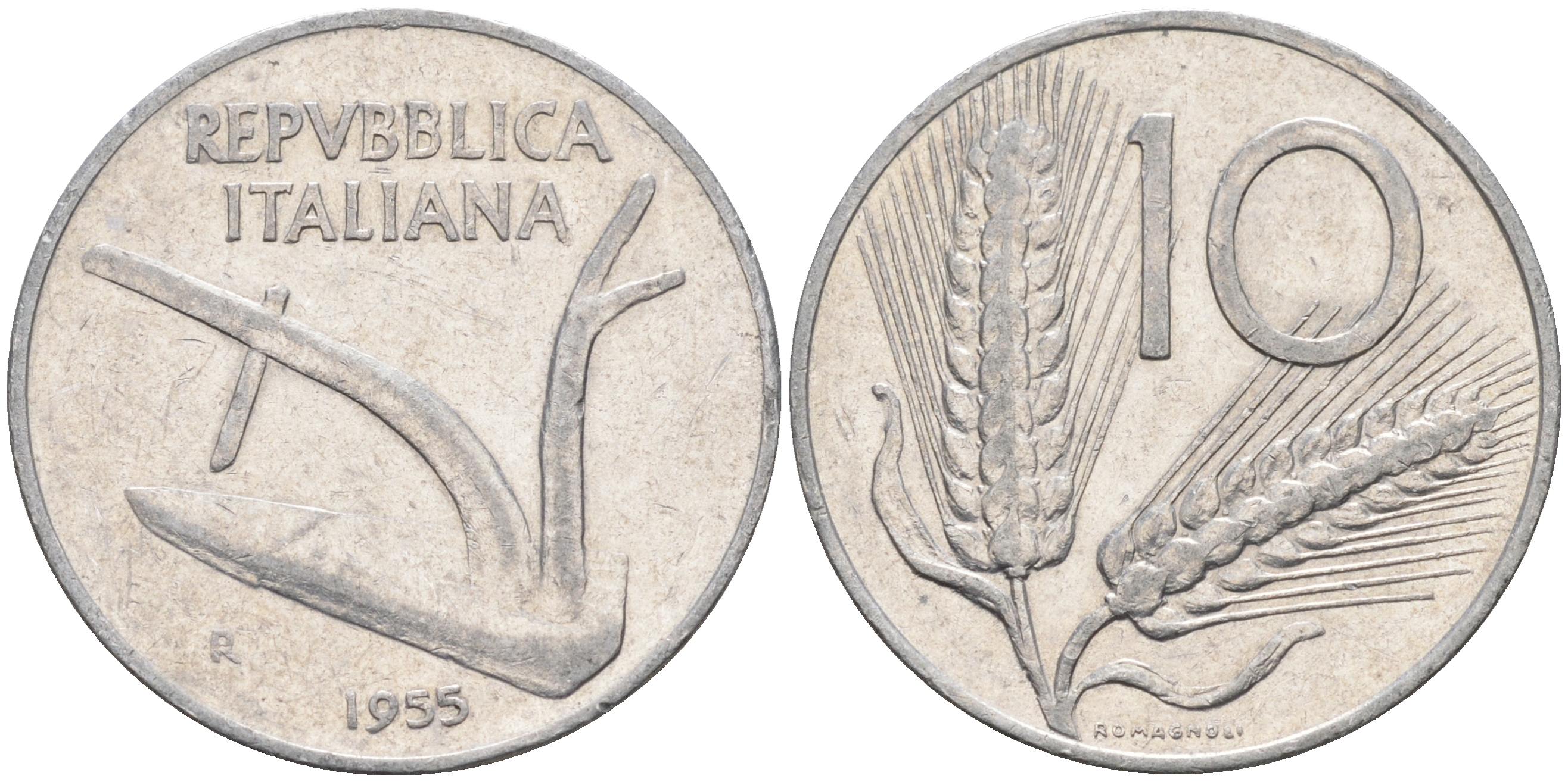 Италия 10 лир 1955 R, плуг KM 93 алюминий    4595-147