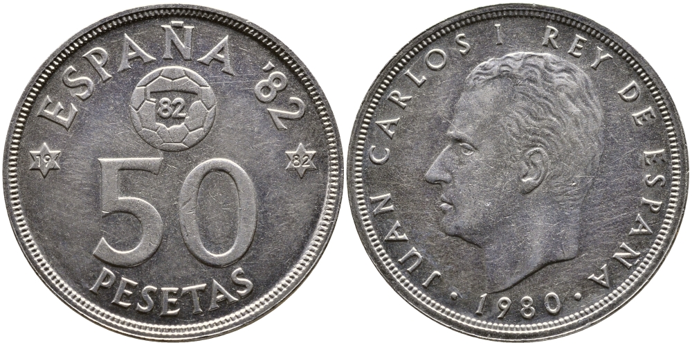 Испания 50 песет 1980 (82) Хуан Карлос, чемпионат мира по футболу Испания 82 KM 819 медно-никель 4384-1046