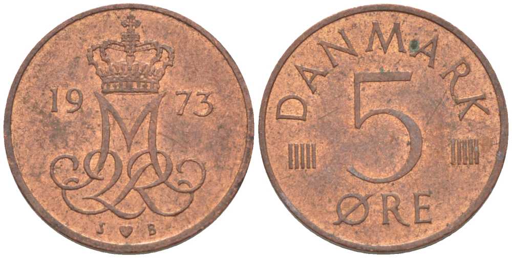 Дания 5 эре 1973 S; B, Маргрете II (1972- ) KM 859.1 железо плакированное медью 4392-126