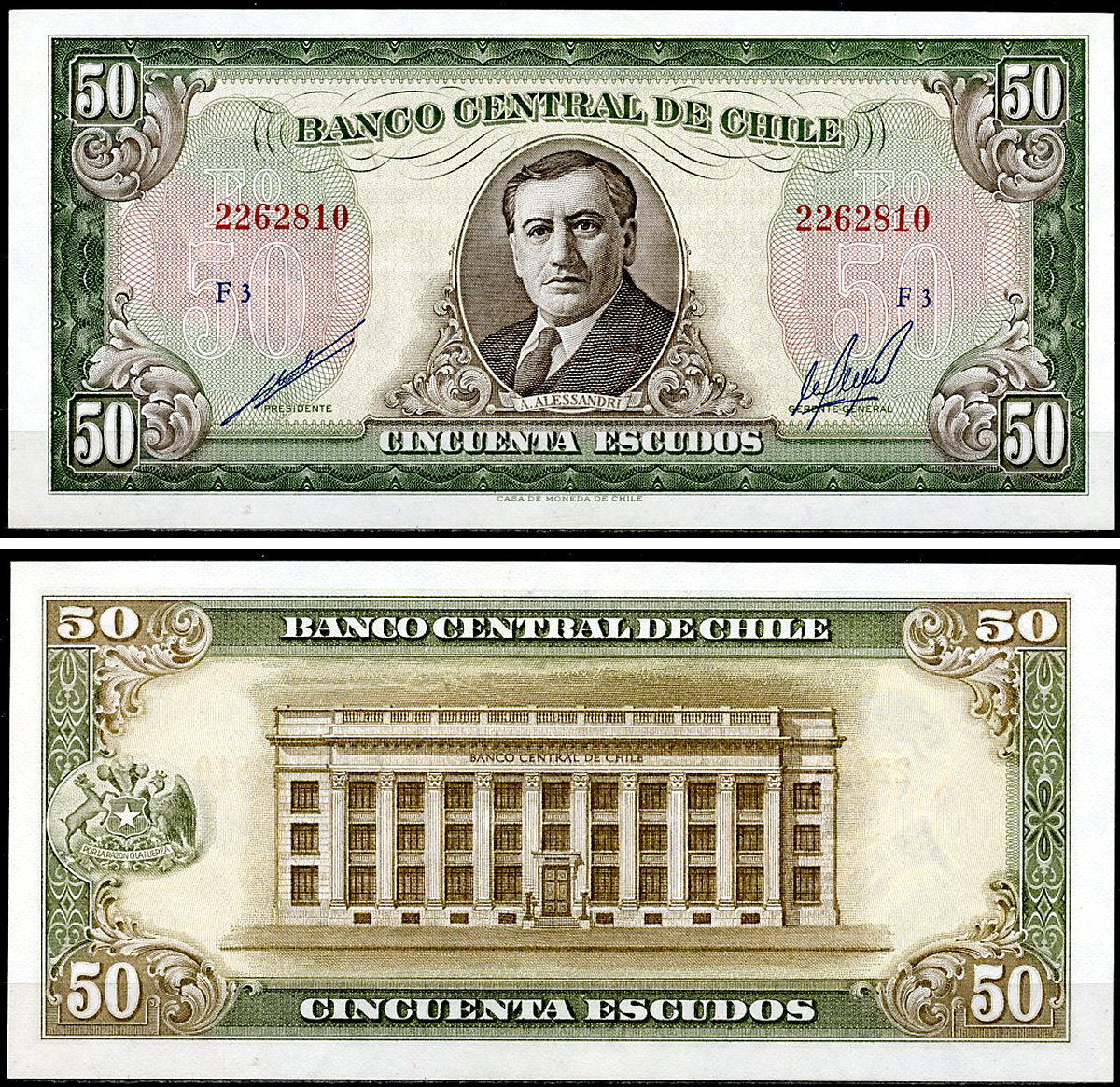 Чили 50 эскудо ND (1962-1975) серия F, Артуро Алессандри Pick 140 b(2)  бумага  UNC (пресс) 447-31-3