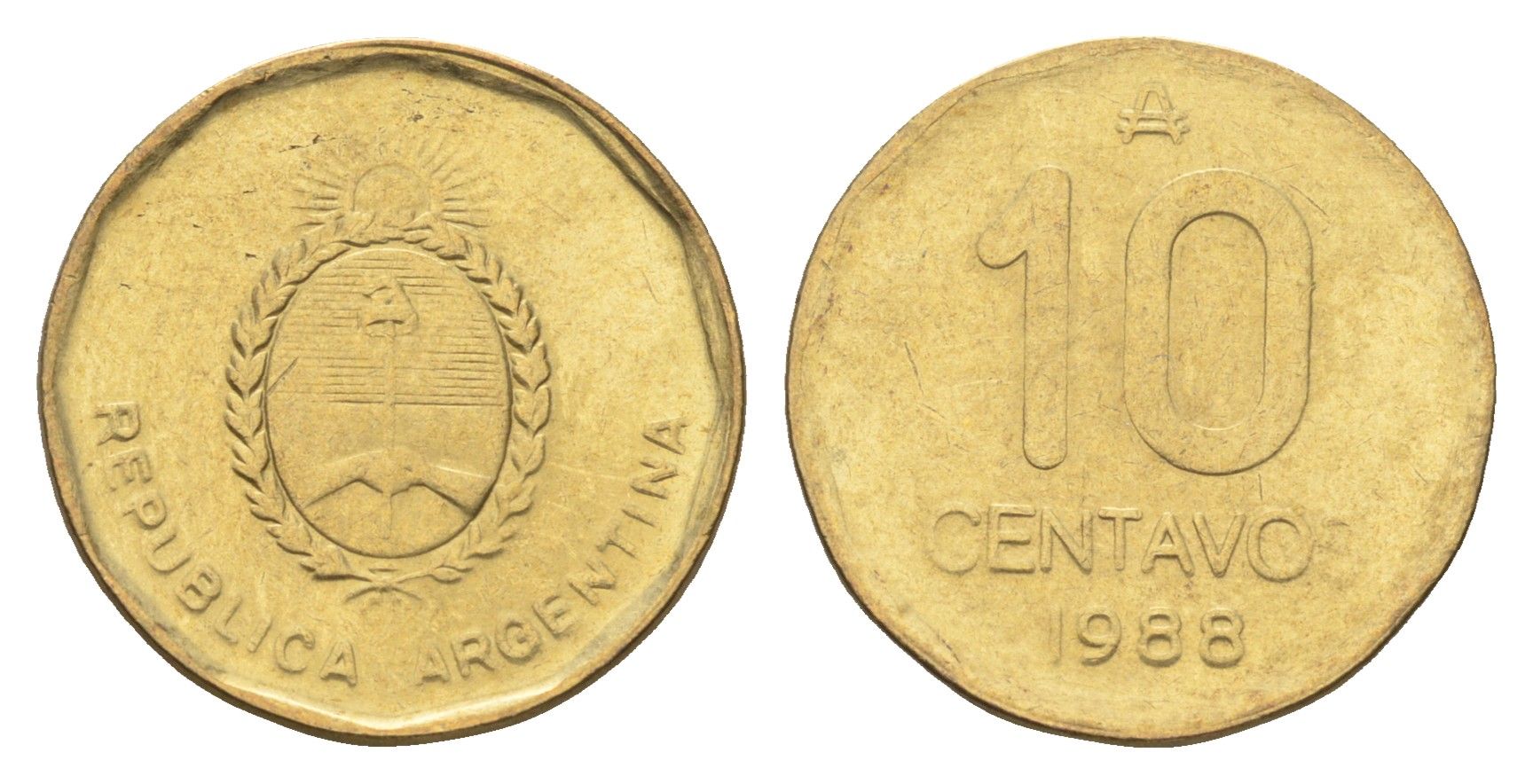 Аргентина 10 сентаво 1988 KM 98 латунь 4664-211