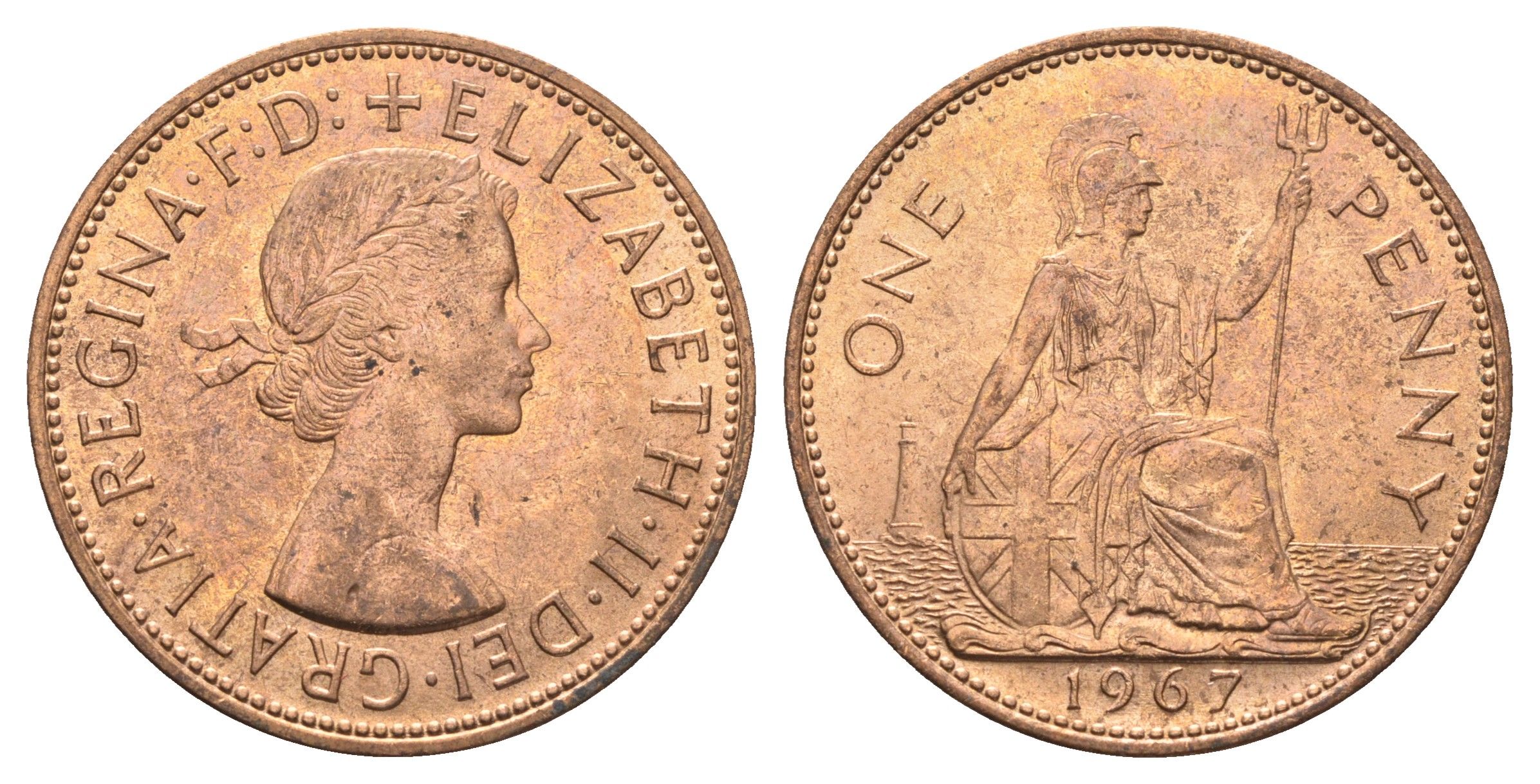 Великобритания 1 пенни 1967 Елизавета II (1952-2022) KM 897, Spink 4157 бронза UNC 4661-1014