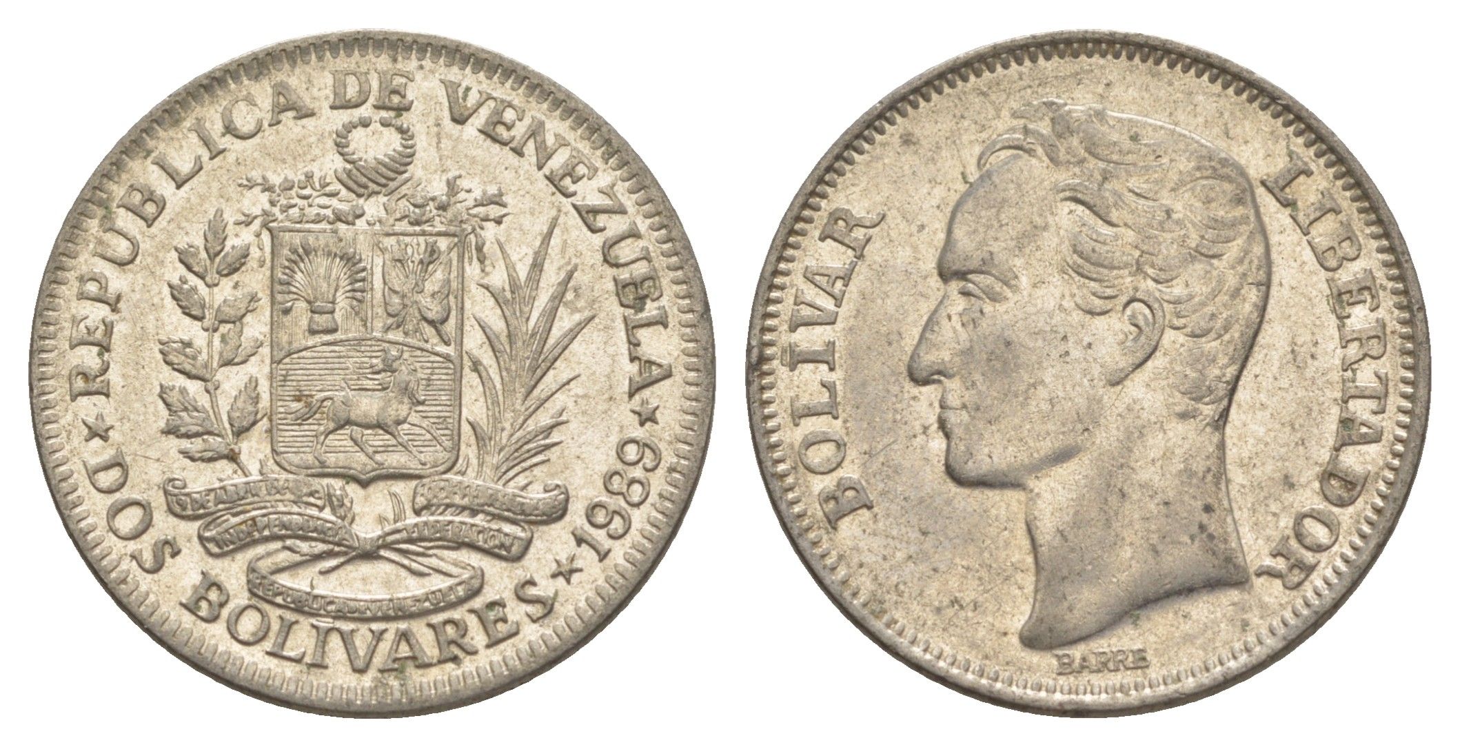 Венесуэла 2 боливара 1989 Симон Боливар Y 43a сталь плакированная никелем 4583-233