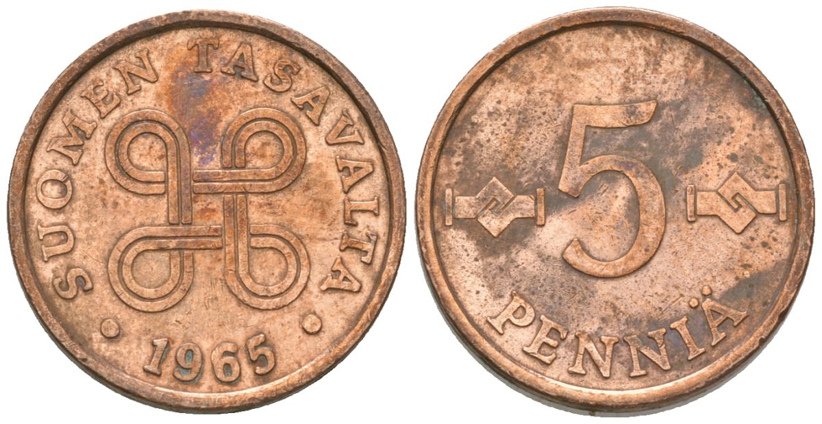 Финляндия 5 пенни 1965 KM 45 медь 4174-811