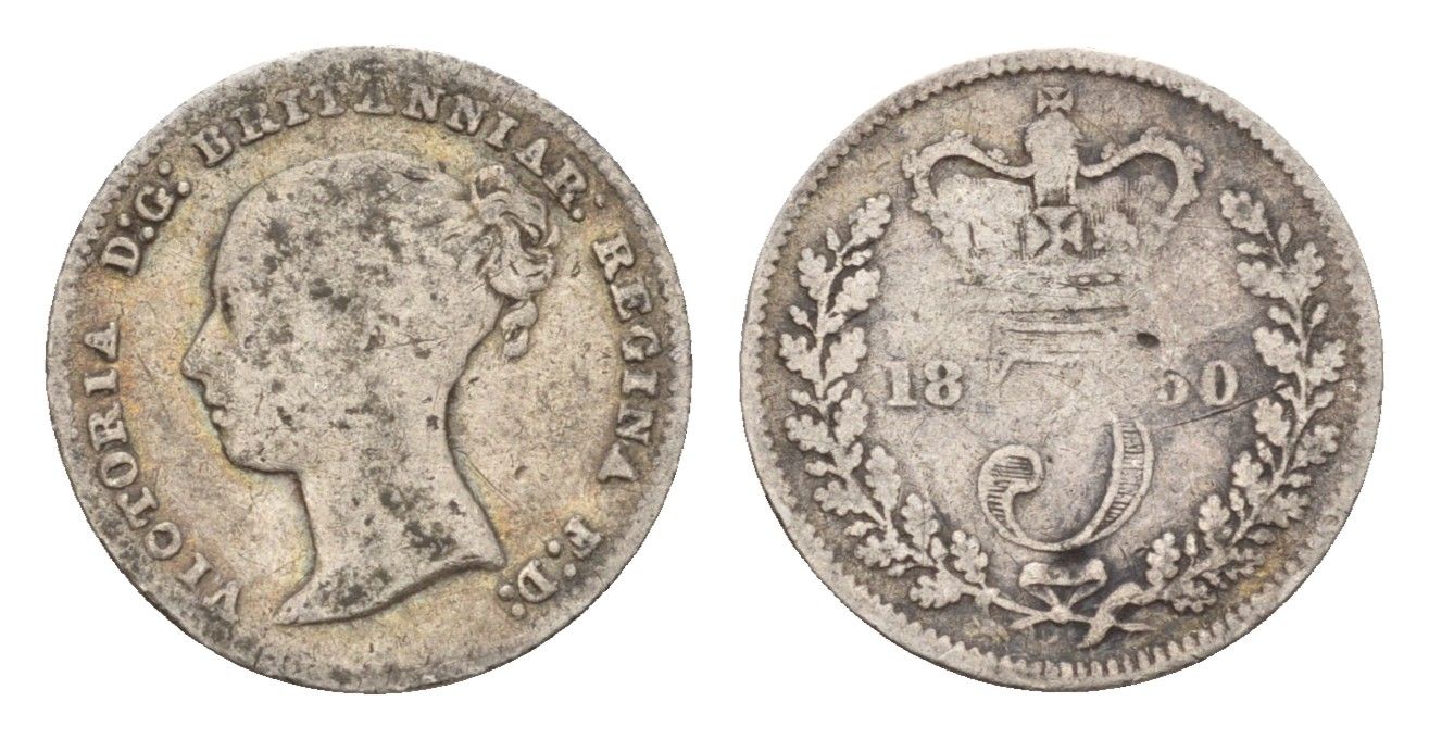 Великобритания 3 пенса 1850 Виктория (1837-1901) KM 730, Spink 3914 серебро 413-2514