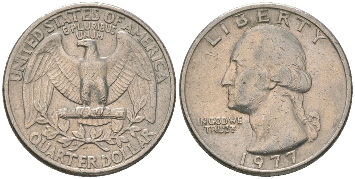 США 25 центов = квотер 1977 Вашингтон KM 164a медь плакированная медно-никелем 4597-413