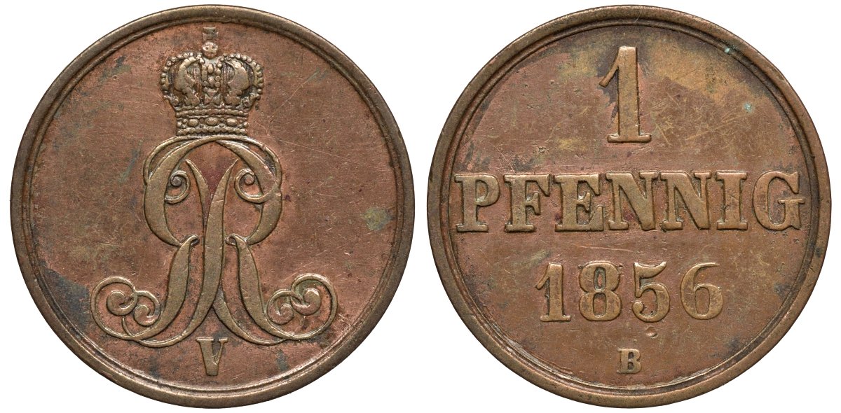 Ганновер 1 пфенниг 1856 B, Георг V KM 221, AKS 155, J. 83 медь 4594-166
