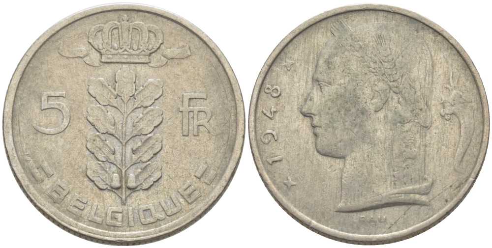 БЕЛЬГИЯ 5 ФРАНКОВ 1948 BELGIQUE, ЛЕОПОЛЬД III (1934-1950) KM 134.1 медно-никель 119-652