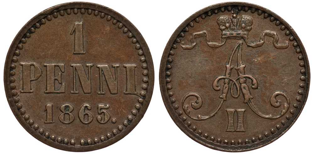 Россия для Финляндии 1 пенни 1865 Александр II Биткин 665 медь aUNC 00-814-85