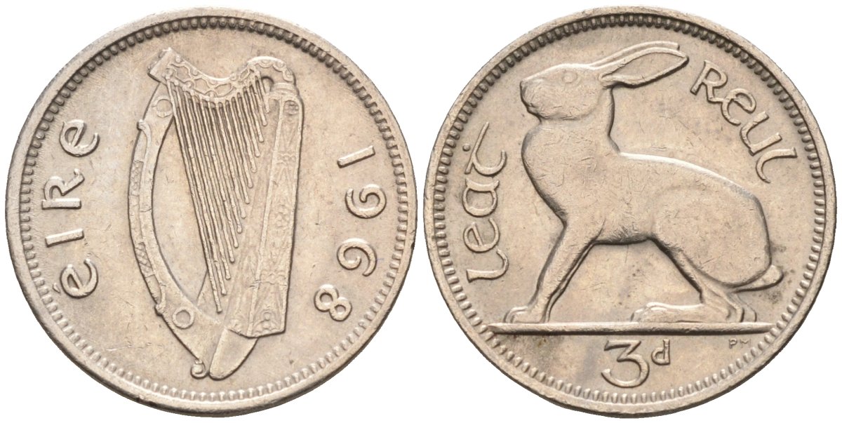 Ирландия 3 пенса 1968 заяц KM 12а медно-никель 4580-168