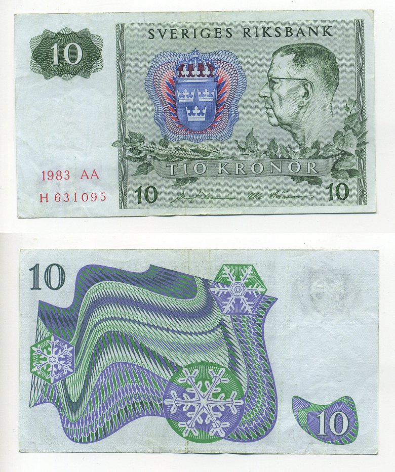 ШВЕЦИЯ 10 КРОН 1983 СЕРИЯ AA Pick 52e бумага 7203-75-1