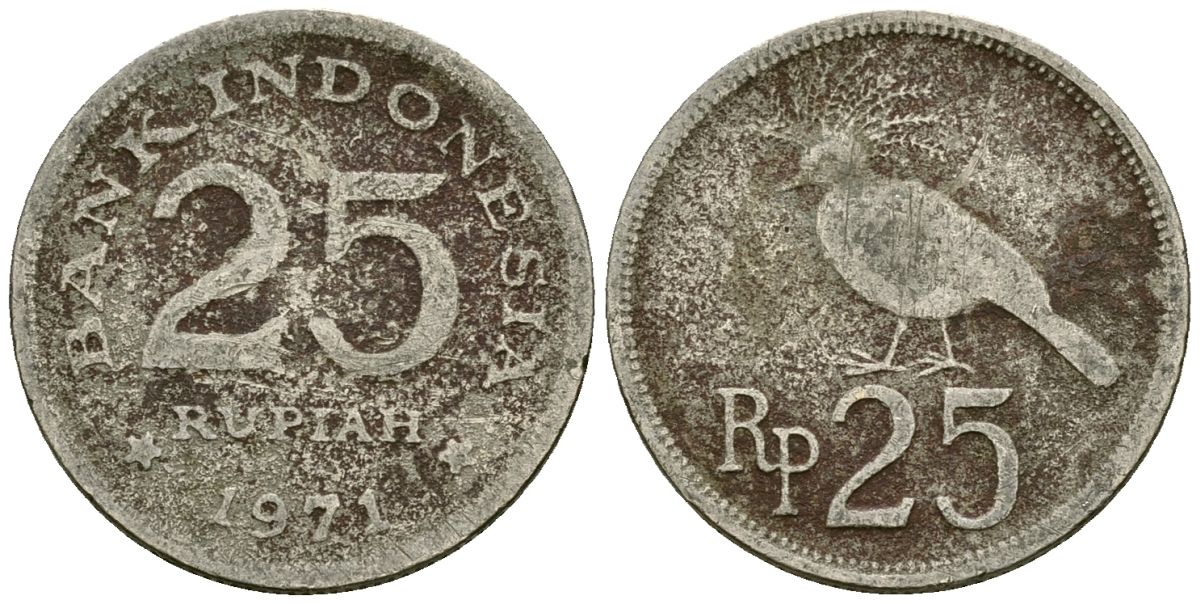 Индонезия 25 рупий 1971 венценосный голубь KM 34 медно-никель 4136-1042