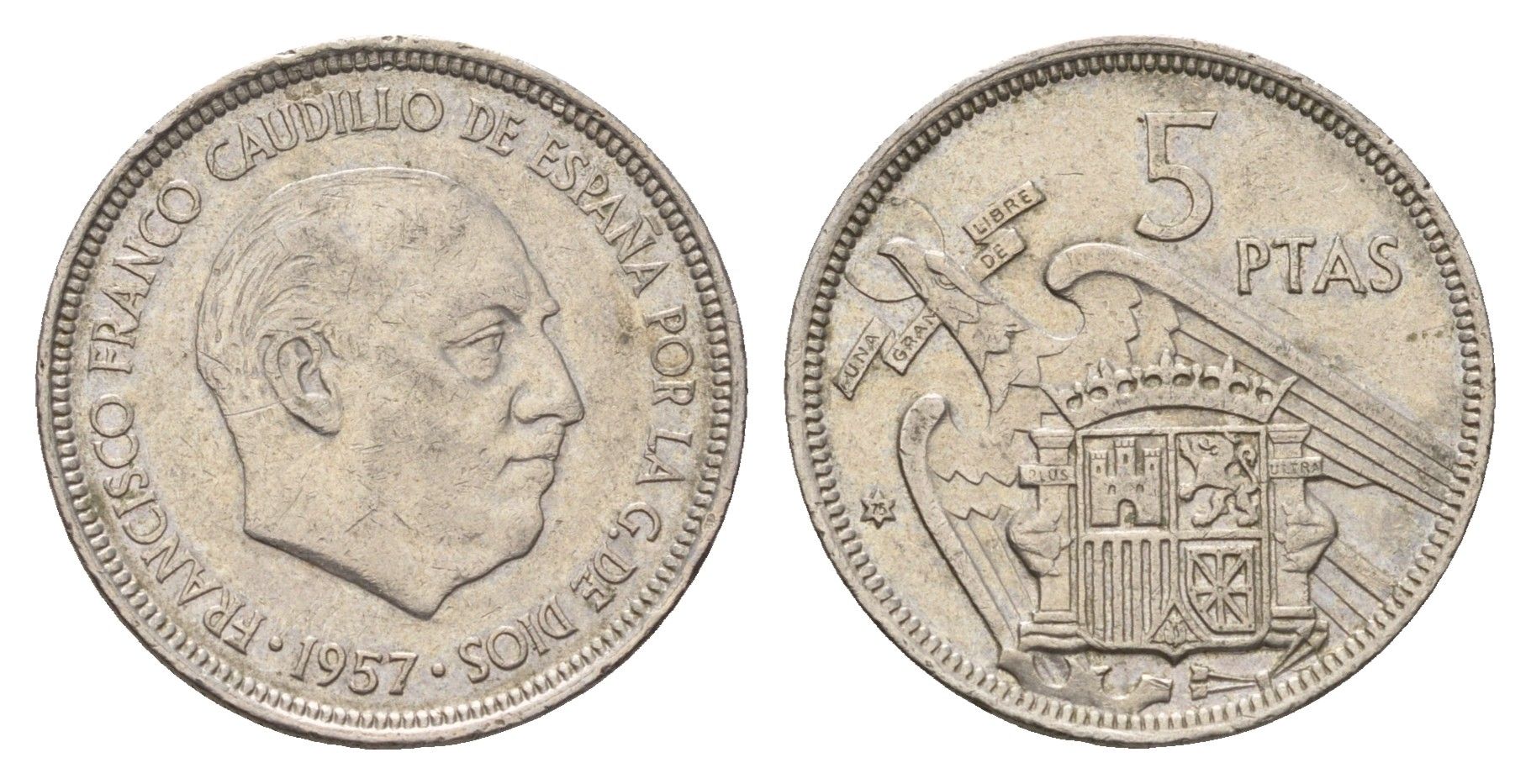 Испания 5 песет 1957 (75) Франсиско Франко (1939-1975) KM 786 медно-никель 4707-334