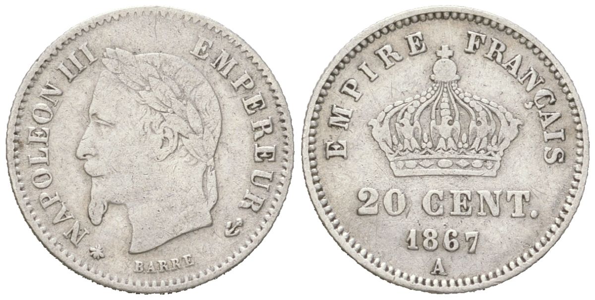 Франция 20 сантимов 1867 A, Наполеон III (1852-1870) KM 808.1 серебро 4617-744