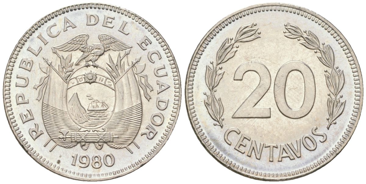 Эквадор 20 сентаво 1980 KM 77.2a сталь плакированная никелем aUNC 4611-716