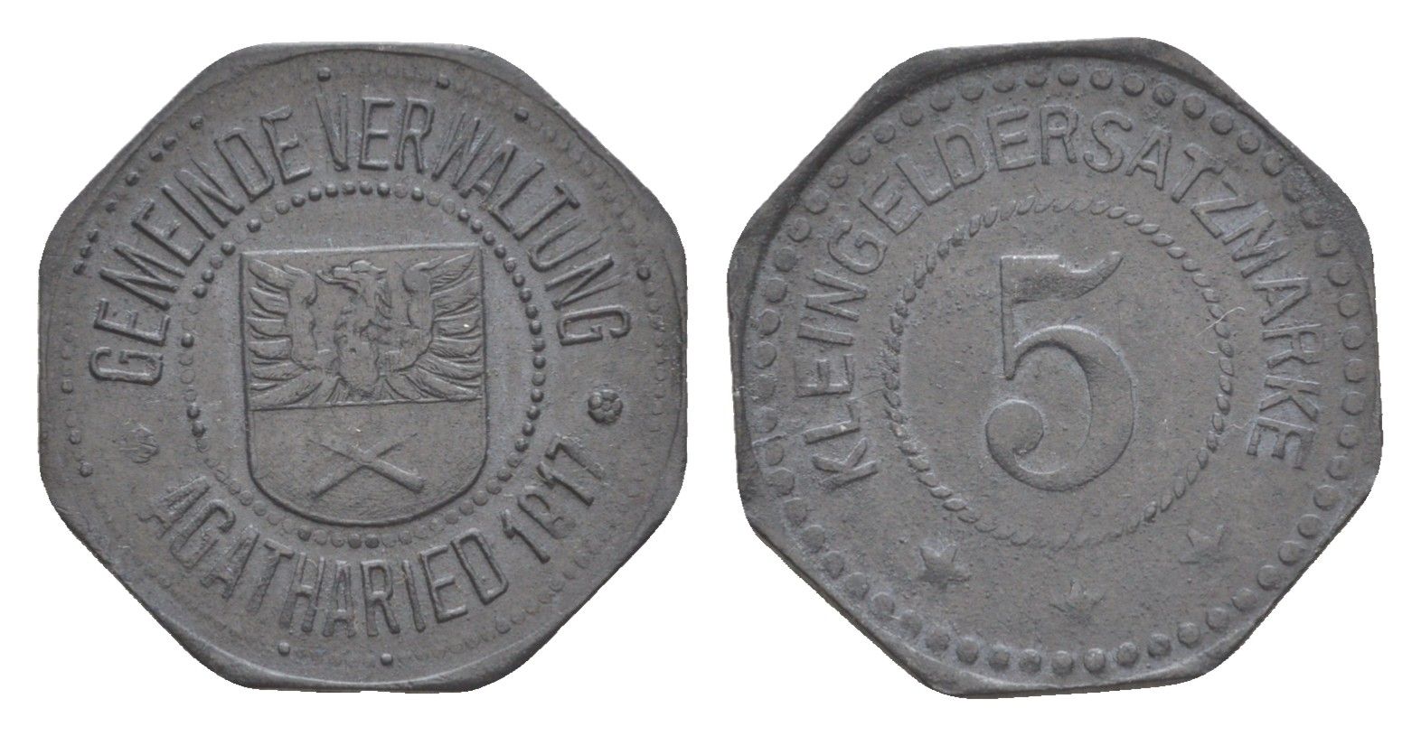 Агатарид 5 пфеннигов 1917 углы герба не касаются жемчужного ободка Funck 5.1a, Men05 167.1, Men18 256.1 цинк 4639-137