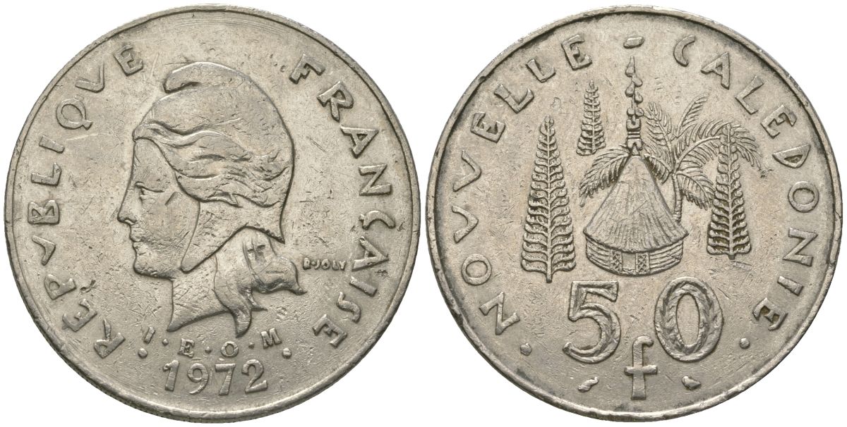 Французская Новая Каледония 50 франков 1972 хижина среди сосен и пальм, (IEOM) KM 13, Schoen 15, Lec 121 никель 111-444