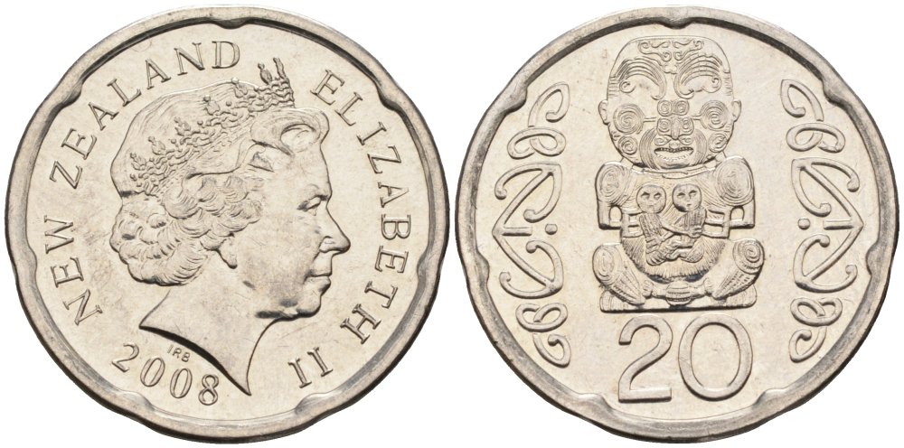 Новая Зеландия 20 центов 2008 Елизавета II (1952-2022), идол Пукаки KM 118а никелированная сталь 4579-1155