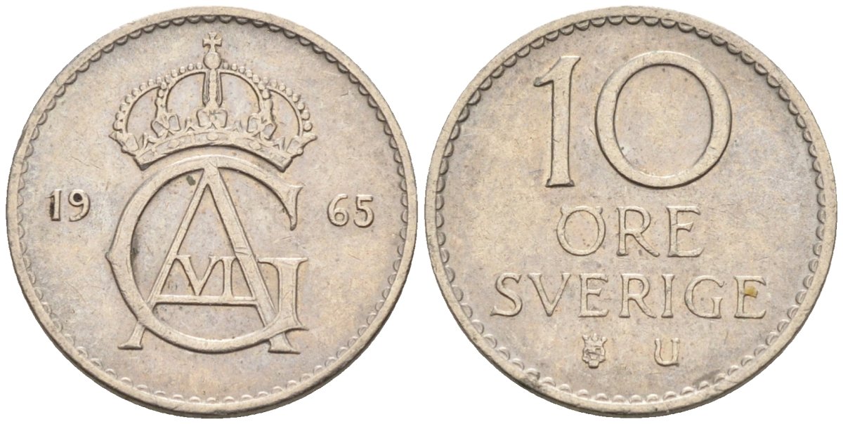 Швеция 10 эре 1965 Густав VI Адольф (1950-1973) KM 835 медно-никель 4585-365