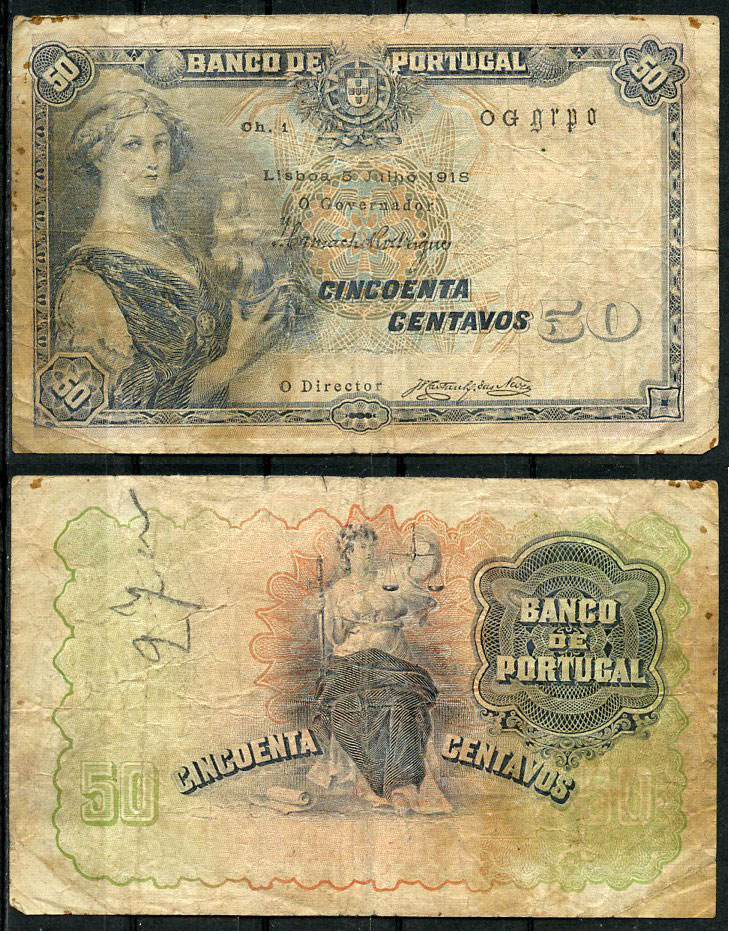 Португалия 50 сентаво 1918 5 июля 1918, женщина, богиня юстиции Pick 112а  бумага   451-456-1