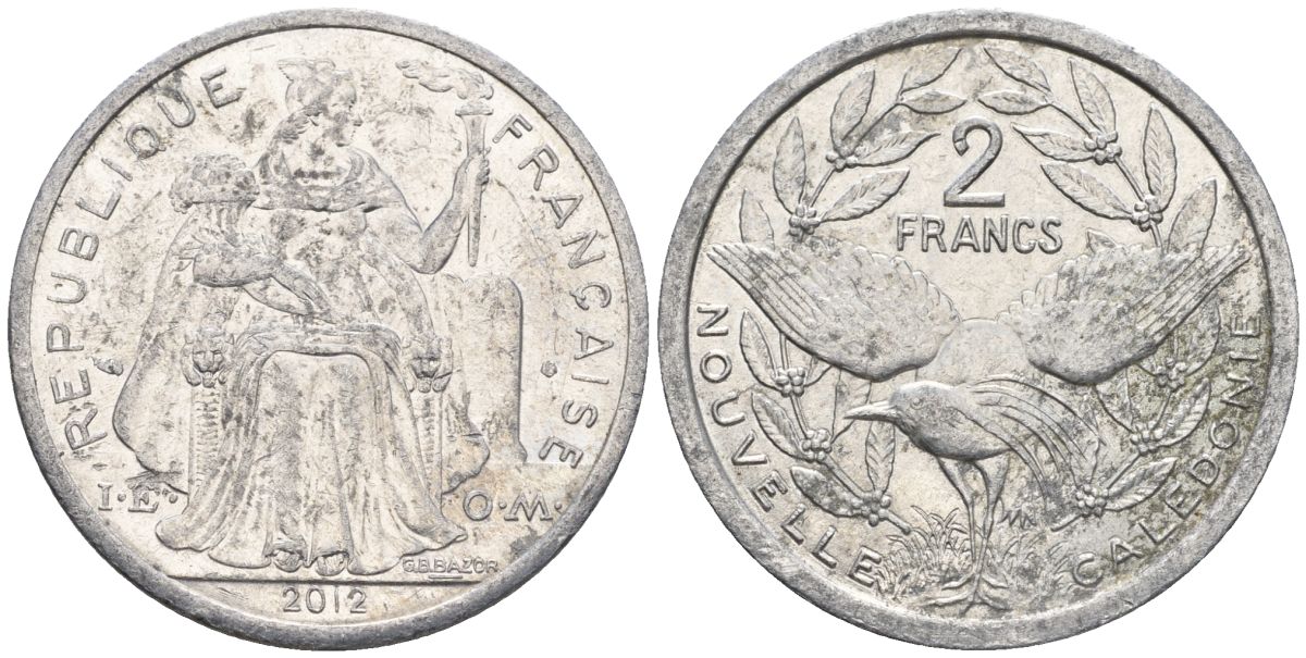 Французская Новая Каледония 2 франка 2012 птица кагу, (IEOM) KM 14, Schoen 11 алюминий    29-633