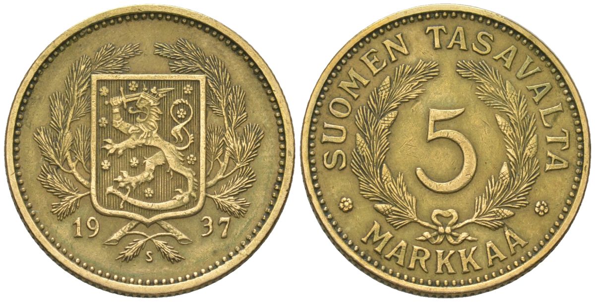 Финляндия 5 марок 1937 S KM 31 алюминиевая бронза 00-00