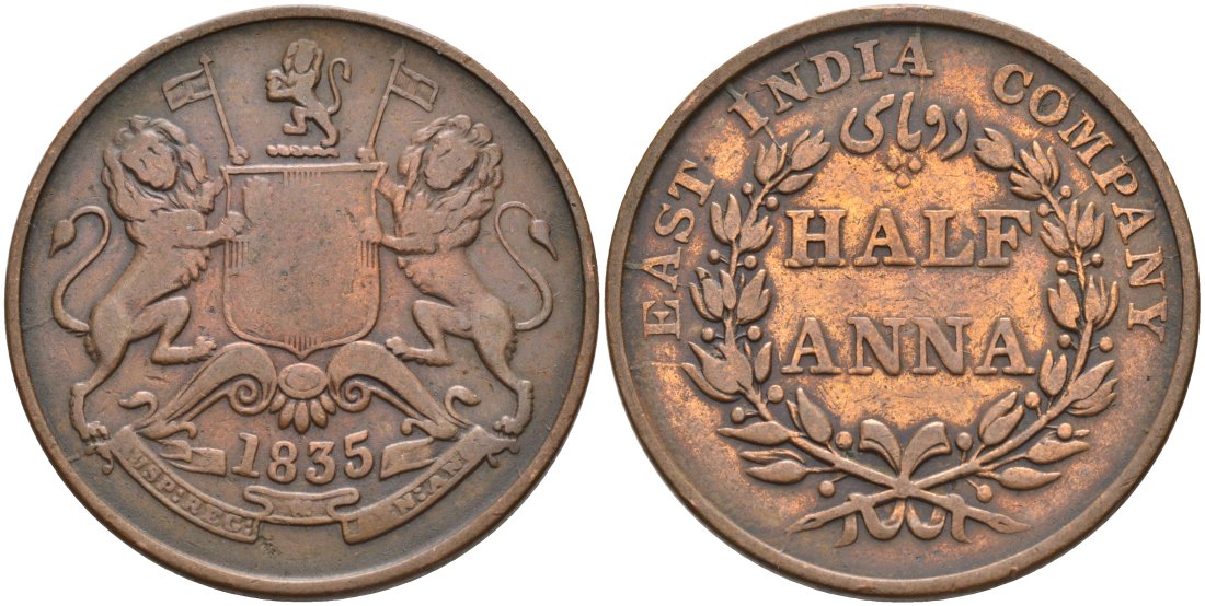 Британская Индия 1/2 анна 1835 M, Британская Ост-Индская компания, Мадрас, диаметр 30,8 мм. KM 447.1 медь 88-926