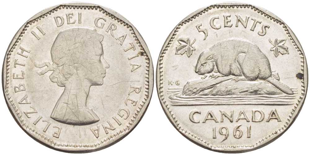 Канада 5 центов 1961 Елизавета II (1952-), бобр KM 50а никель 86-637