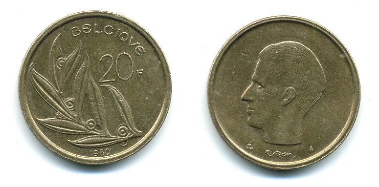 Бельгия 20 франков 1980 Belgique, Бодуэн I (1951-1993) KM 159 никель бронза 25-1641