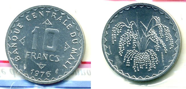 Мали 10 франков 1976 пробный выпуск, ESSAI, в оригинальной упаковке KM E3 алюминий UNC 5010-333