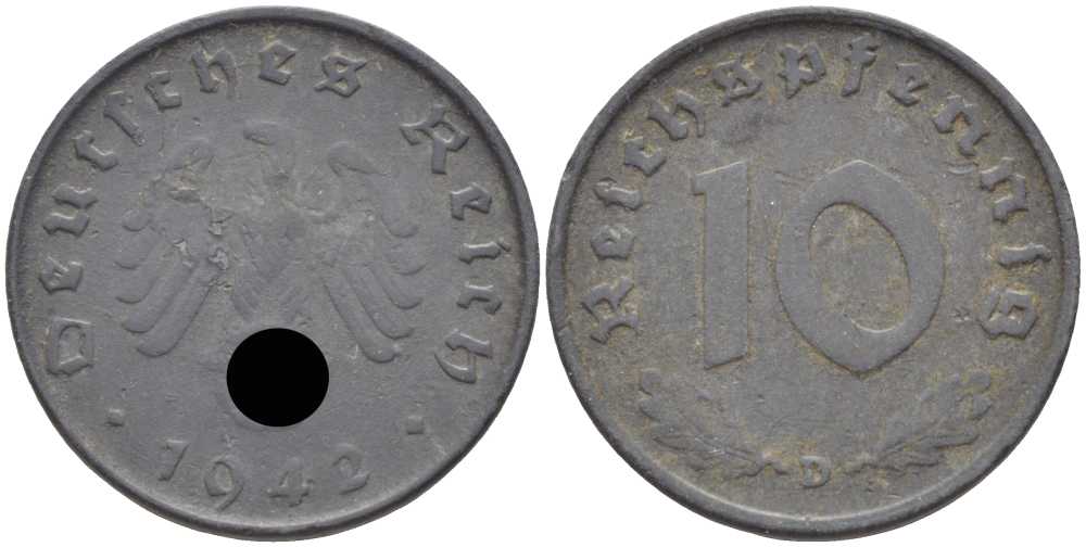 ГЕРМАНИЯ 10 РЕЙХСПФЕННИГОВ 1942 D KM 101, J. 371 цинк 4401-645