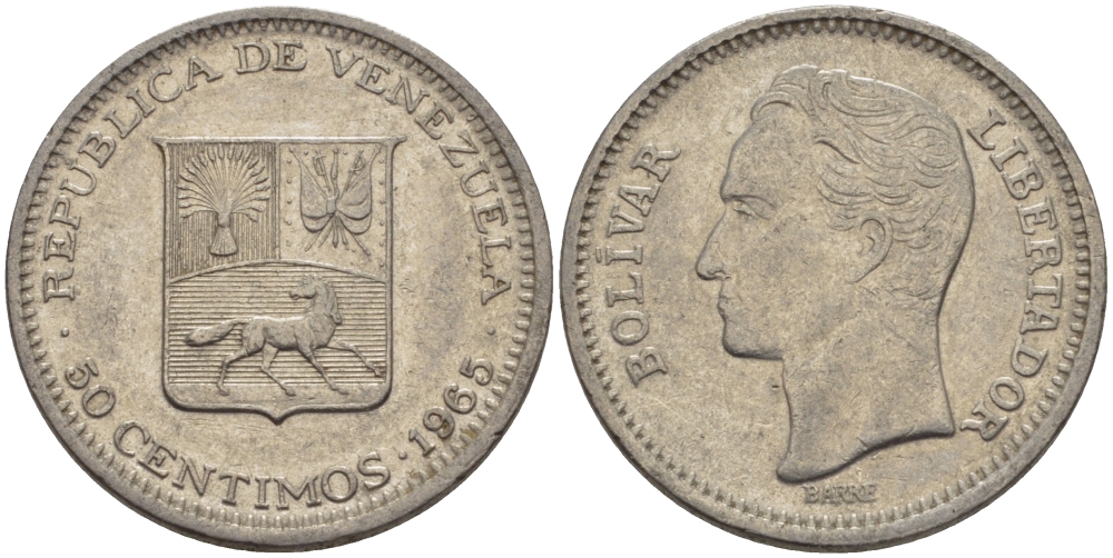 Венесуэла 50 сентимо 1965 Симон Боливар KM 41, Schon 51 никель 66-937