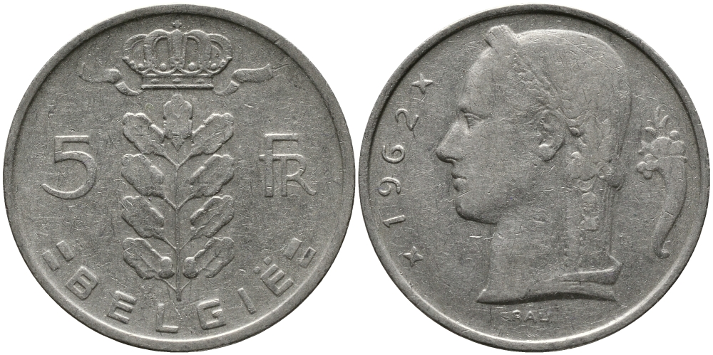 БЕЛЬГИЯ 5 ФРАНКОВ 1962 BELGIE KM 135.1 медно-никель 98-541